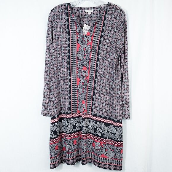 J. Jill Paisley Mixed Print Long Sleeve Shift Dress Petite Medium Boho Lagenlook - Picture 1 of 12
